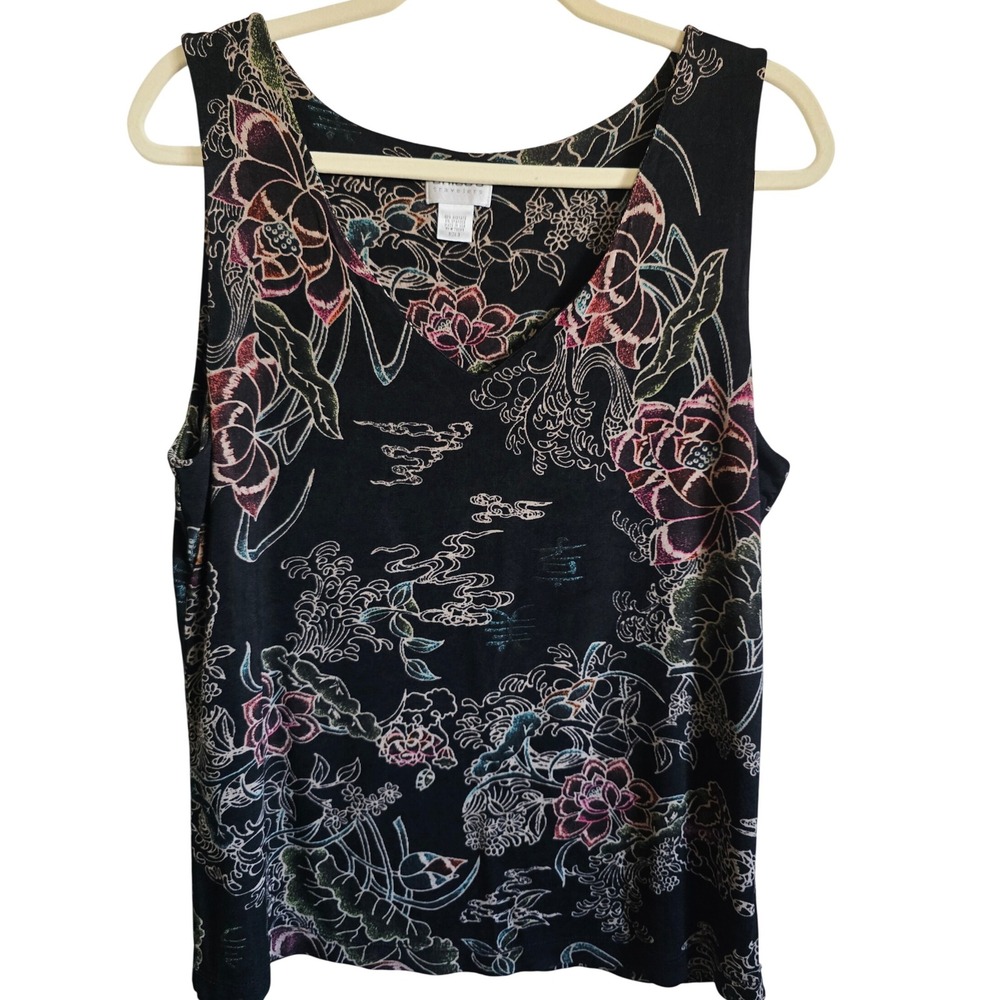 Chicos Travelers 3 Black Floral Print Sleeveless Tank Slinky‎ Top Size XL